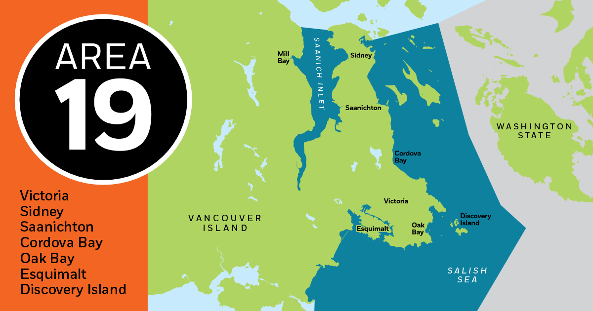 Map of Area 19, highlighting locations such as Victoria, Sidney, and Cordova Bay on Vancouver Island.