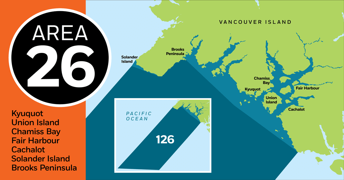 Map of Area 26, highlighting Kyuquot, Union Island, Chamis Bay, Fair Harbour, Cachalot, Solander Island, and Brooks Peninsula.